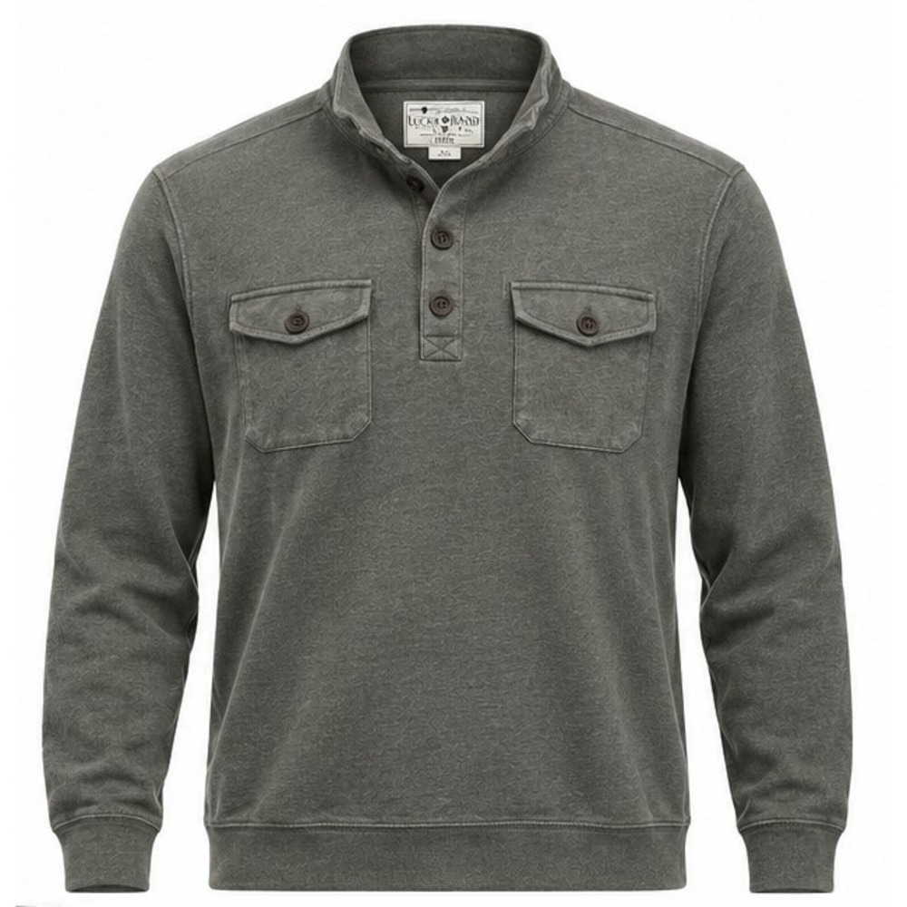 Lucky Brand Mens XXL Olive Green Mock Neck Button Pullover Sweatshirt Pockets